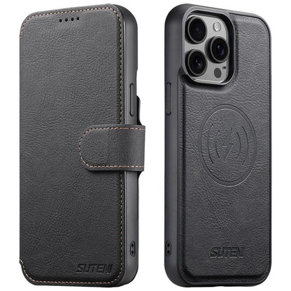 For iPhone 15 Pro Suteni Q05 2-in-1 Multi-function MagSafe Wallet Litchi Leather Phone Case(Black) - iPhone 15 Pro Cases by Suteni | Online Shopping UK | buy2fix
