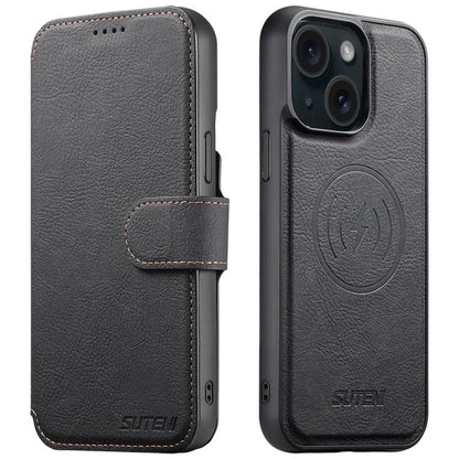 For iPhone 15 Suteni Q05 2-in-1 Multi-function MagSafe Wallet Litchi Leather Phone Case(Black) - iPhone 15 Cases by Suteni | Online Shopping UK | buy2fix