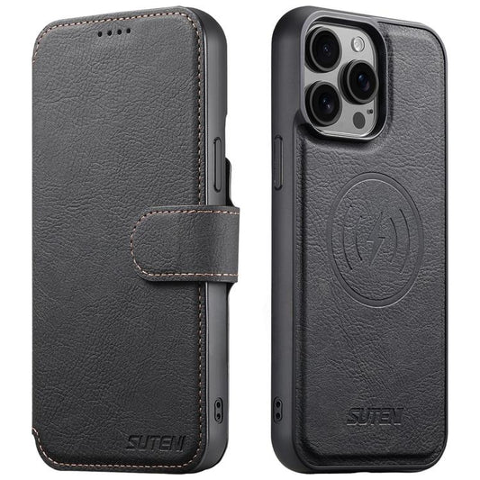 For iPhone 14 Pro Suteni Q05 2-in-1 Multi-function MagSafe Wallet Litchi Leather Phone Case(Black) - iPhone 14 Pro Cases by Suteni | Online Shopping UK | buy2fix