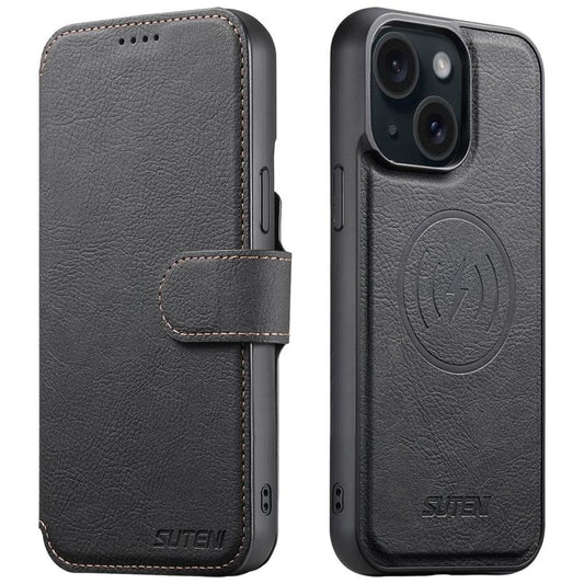 For iPhone 14 Suteni Q05 2-in-1 Multi-function MagSafe Wallet Litchi Leather Phone Case(Black) - iPhone 14 Cases by Suteni | Online Shopping UK | buy2fix