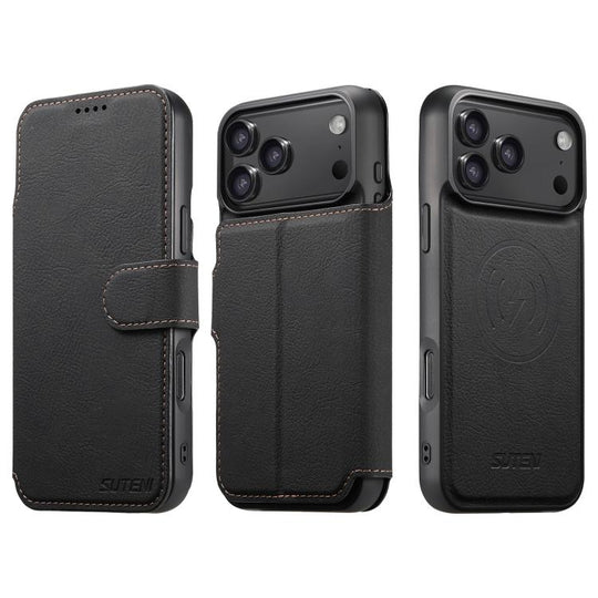 For iPhone 17 Pro Max Suteni Q05 2-in-1 Multi-function MagSafe Wallet Litchi Leather Phone Case(Black)