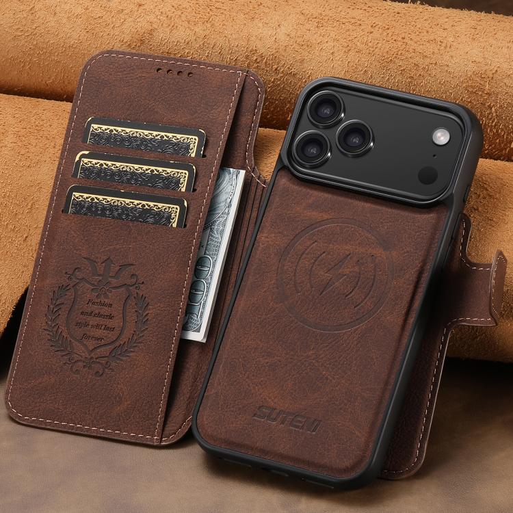 For iPhone 17 Pro Max Suteni Q05 2-in-1 Multi-function MagSafe Wallet Litchi Leather Phone Case(Brown) - iPhone 17 Pro Max Cases by Suteni | Online Shopping UK | buy2fix