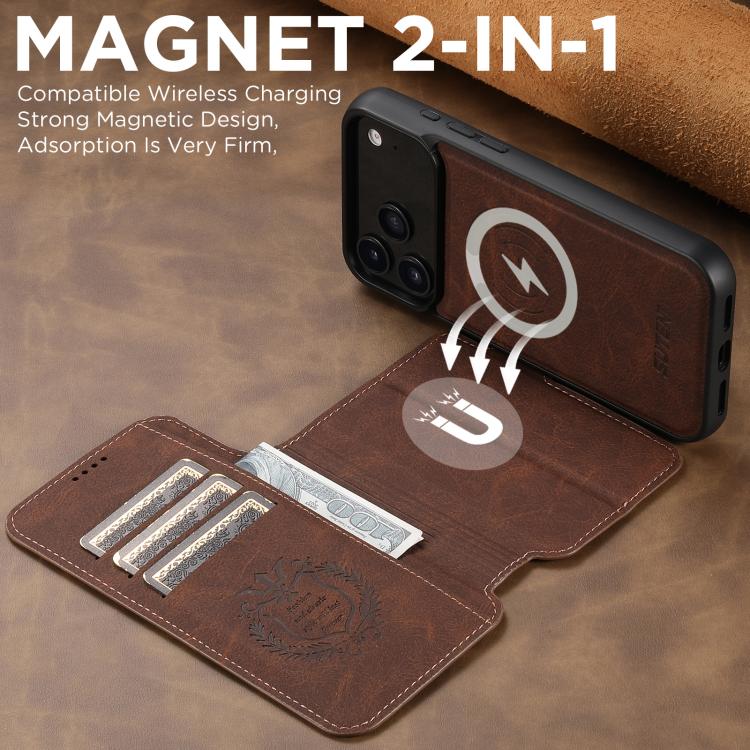 For iPhone 17 Pro Max Suteni Q05 2-in-1 Multi-function MagSafe Wallet Litchi Leather Phone Case(Brown) - iPhone 17 Pro Max Cases by Suteni | Online Shopping UK | buy2fix