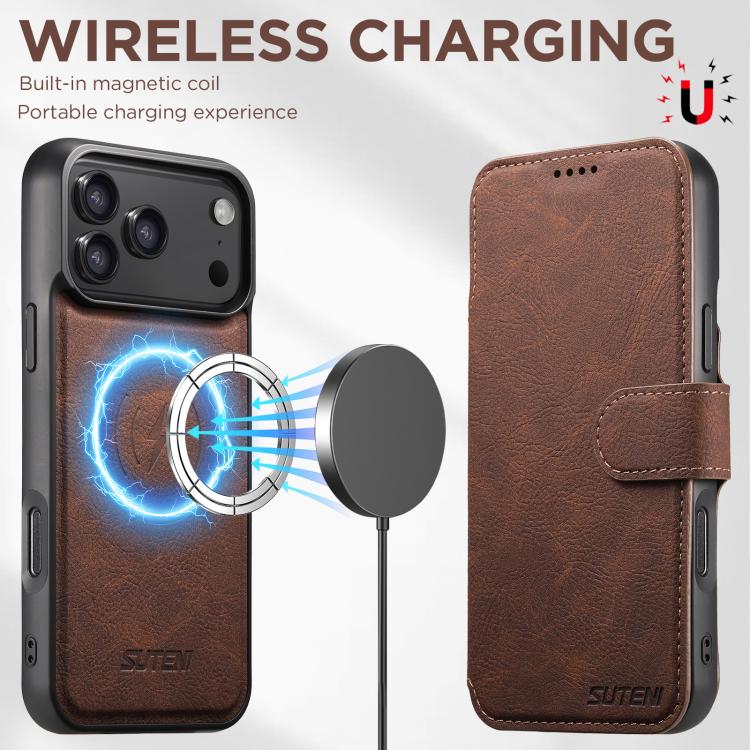 For iPhone 17 Pro Max Suteni Q05 2-in-1 Multi-function MagSafe Wallet Litchi Leather Phone Case(Brown) - iPhone 17 Pro Max Cases by Suteni | Online Shopping UK | buy2fix
