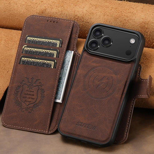 For iPhone 17 Pro Suteni Q05 2-in-1 Multi-function MagSafe Wallet Litchi Leather Phone Case(Brown) - iPhone 16 Pro Max Cases by Suteni | Online Shopping UK | buy2fix