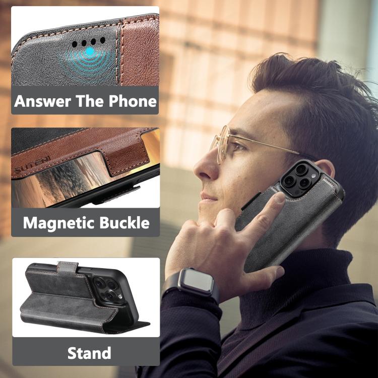 For iPhone 15 Suteni Q07 2-in-1 Multi-function Detachable Wallet MagSafe Phone Case(Black) - iPhone 15 Cases by Suteni | Online Shopping UK | buy2fix