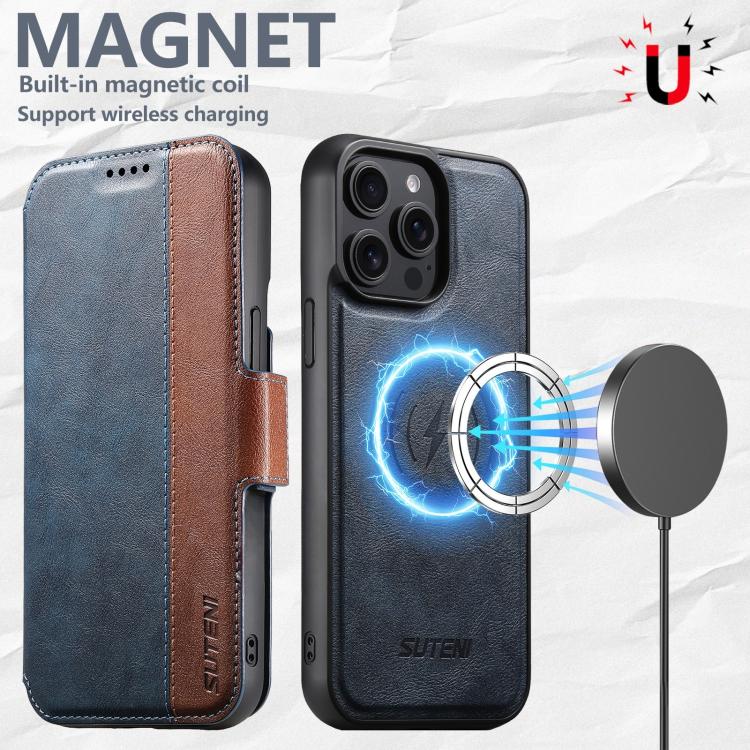 For iPhone 14 Suteni Q07 2-in-1 Multi-function Detachable Wallet MagSafe Phone Case(Blue) - iPhone 14 Cases by Suteni | Online Shopping UK | buy2fix