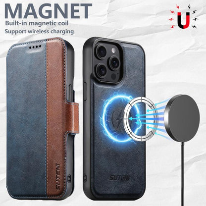 For iPhone 14 Suteni Q07 2-in-1 Multi-function Detachable Wallet MagSafe Phone Case(Blue) - iPhone 14 Cases by Suteni | Online Shopping UK | buy2fix