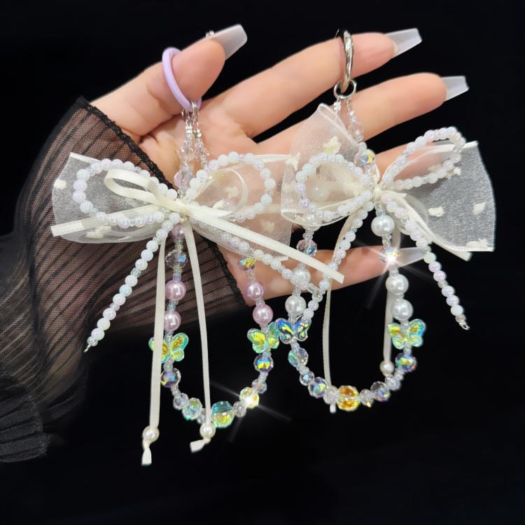 Pearl Bow Laser Butterfly Mobile Phone Chain(White) - Lanyards & Wrist Straps by buy2fix | Online Shopping UK | buy2fix
