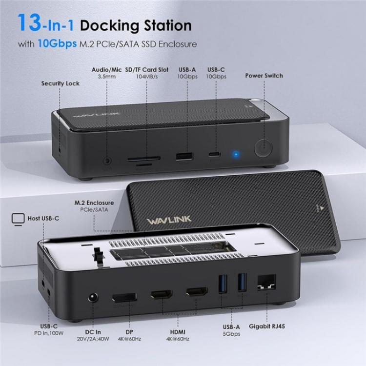 WAVLINK UMD23M For Laptop Tablet 13 in 1 USB-C Hub 10Gbps M.2 Pcie / SATA SSD Enclosure(UK Plug) - USB HUB by WAVLINK | Online Shopping UK | buy2fix