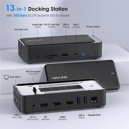 WAVLINK UMD23M For Laptop Tablet 13 in 1 USB-C Hub 10Gbps M.2 Pcie / SATA SSD Enclosure(UK Plug) - USB HUB by WAVLINK | Online Shopping UK | buy2fix