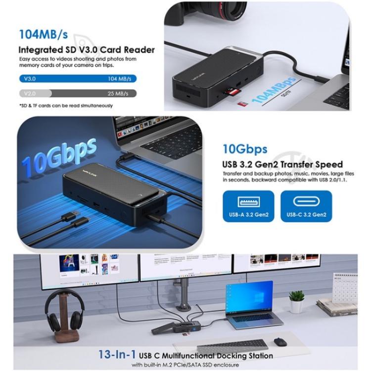 WAVLINK UMD23M For Laptop Tablet 13 in 1 USB-C Hub 10Gbps M.2 Pcie / SATA SSD Enclosure(EU Plug) - USB HUB by WAVLINK | Online Shopping UK | buy2fix