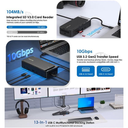 WAVLINK UMD23M For Laptop Tablet 13 in 1 USB-C Hub 10Gbps M.2 Pcie / SATA SSD Enclosure(EU Plug) - USB HUB by WAVLINK | Online Shopping UK | buy2fix