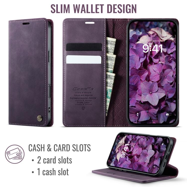 For iPhone 16 Pro CaseMe 033 Calf Leather Lining Microfibre RFID Blocking Phone Case(Purple) - iPhone 16 Pro Cases by CaseMe | Online Shopping UK | buy2fix