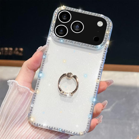For iPhone 18 Pro Max / 17 Pro Max Rhinestone Glitter TPU Ring Holder Anti-fall Phone Case(White)
