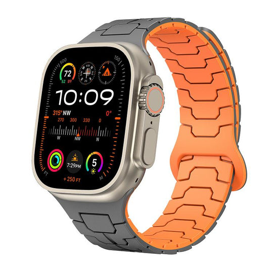 For Apple Watch 46mm / 49mm / 45mm / 44mm Steel Dragon Scale Magnetic Silicone Watch Band(Graphite Gray + Orange)