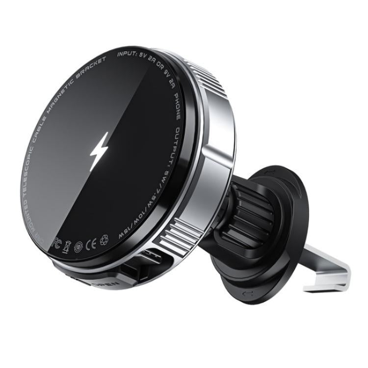 X02 With Retractable Cable 15W Car Air Vent Mount Magnetic Phone Holder Wireless Charger(Silver) - Wireless Charger Holders by buy2fix | Online Shopping UK | buy2fix