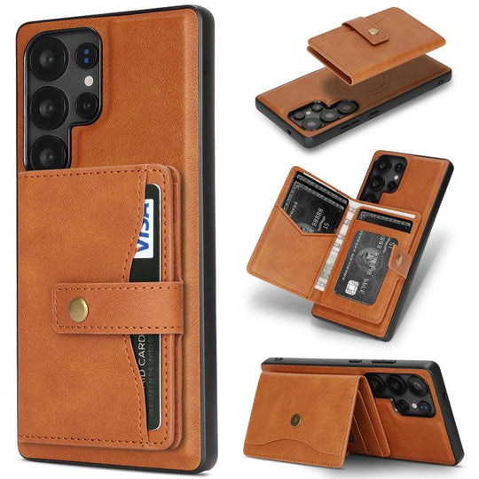 For Samsung Galaxy S24 Ultra 5G Kalebol Magnetic Button Card Bag MagSafe Ring Leather Phone Case(Brown)