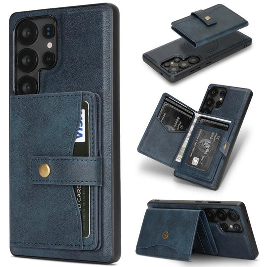 For Samsung Galaxy S24 Ultra 5G Kalebol Magnetic Button Card Bag MagSafe Ring Leather Phone Case(Blue)