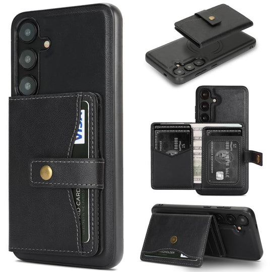 For Samsung Galaxy S24+ 5G Kalebol Magnetic Button Card Bag MagSafe Ring Leather Phone Case(Black)