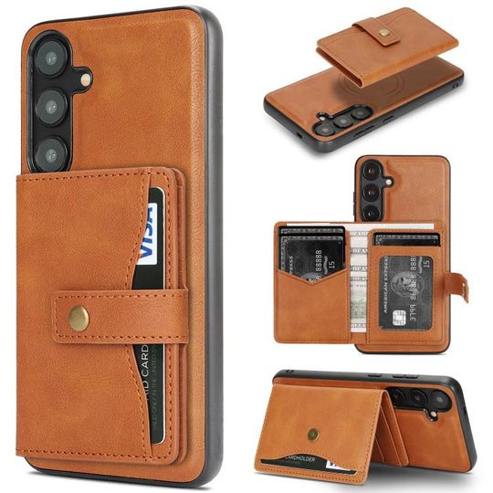 For Samsung Galaxy S24+ 5G Kalebol Magnetic Button Card Bag MagSafe Ring Leather Phone Case(Brown)