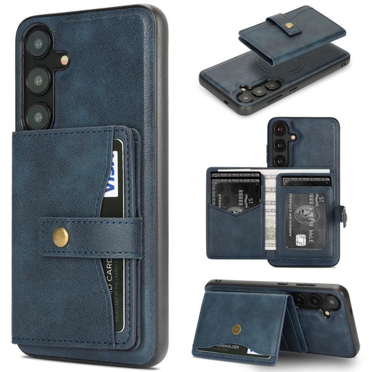 For Samsung Galaxy S24+ 5G Kalebol Magnetic Button Card Bag MagSafe Ring Leather Phone Case(Blue)