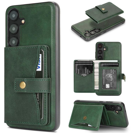 For Samsung Galaxy S24+ 5G Kalebol Magnetic Button Card Bag MagSafe Ring Leather Phone Case(Green)