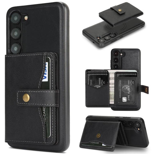 For Samsung Galaxy S23 5G Kalebol Magnetic Button Card Bag MagSafe Ring Leather Phone Case(Black)