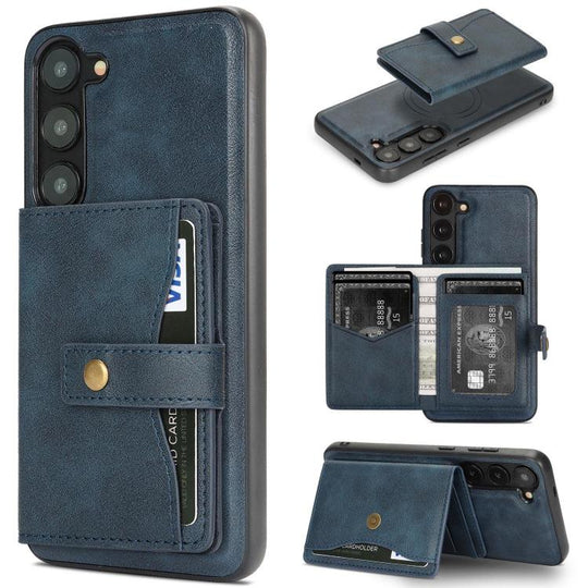 For Samsung Galaxy S23 5G Kalebol Magnetic Button Card Bag MagSafe Ring Leather Phone Case(Blue)