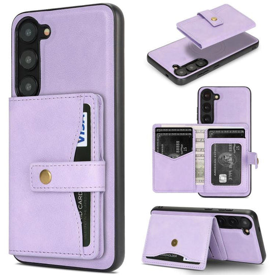 For Samsung Galaxy S23 5G Kalebol Magnetic Button Card Bag MagSafe Ring Leather Phone Case(Purple)