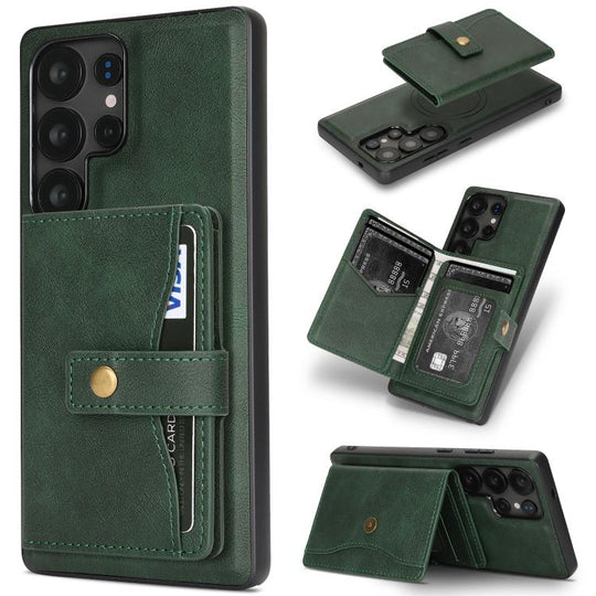 For Samsung Galaxy S22 Ultra 5G Kalebol Magnetic Button Card Bag MagSafe Ring Leather Phone Case(Green)