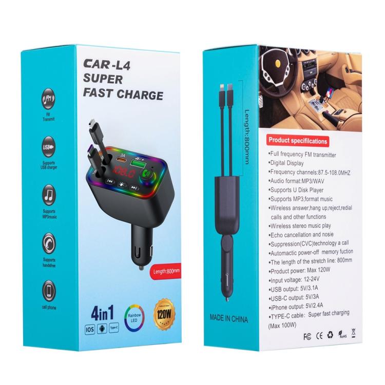 L4 Fast Charging Car Charger MP3 Player Retractable Cable FM Transmitter - Bluetooth Car Kits by buy2fix | Online Shopping UK | buy2fix