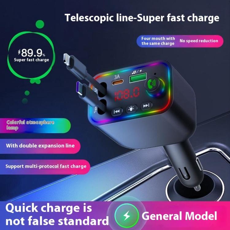L4 Fast Charging Car Charger MP3 Player Retractable Cable FM Transmitter - Bluetooth Car Kits by buy2fix | Online Shopping UK | buy2fix