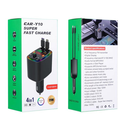 Y10 With Retractable Type C + iP Cable Car Charger FM Transmitter Bluetooth MP3 Player - Bluetooth Car Kits by buy2fix | Online Shopping UK | buy2fix
