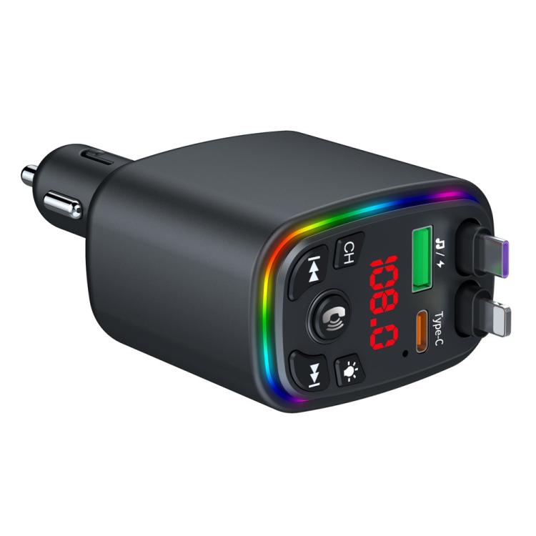 Y9 Retractable Cable Bluetooth FM Transmitter Voltage Display Car Charger MP3 Player - Bluetooth Car Kits by buy2fix | Online Shopping UK | buy2fix