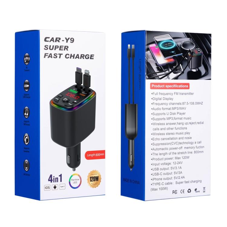 Y9 Retractable Cable Bluetooth FM Transmitter Voltage Display Car Charger MP3 Player - Bluetooth Car Kits by buy2fix | Online Shopping UK | buy2fix