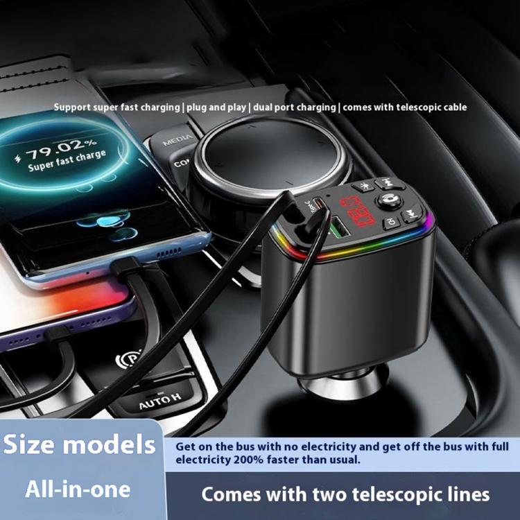 Y9 Retractable Cable Bluetooth FM Transmitter Voltage Display Car Charger MP3 Player - Bluetooth Car Kits by buy2fix | Online Shopping UK | buy2fix