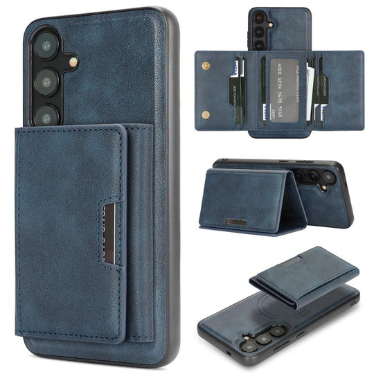 For Samsung Galaxy S25+ 5G Kalebol Strong Magnetic MagSafe Tri-Fold Wallet Leather Phone Case(Blue)