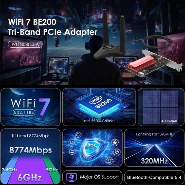 WAVLINK WN685BE3-A Tri-Band BE200 Wireless Adapter Desktop PC WiFi 7 BE8800 Pcie Card - USB Network Adapter by WAVLINK | Online Shopping UK | buy2fix
