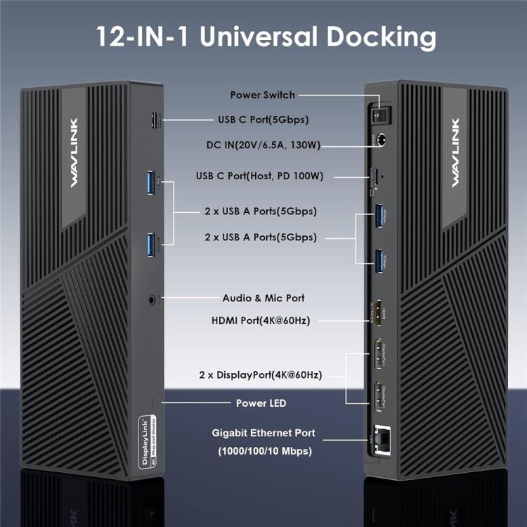 WAVLINK UG69PD24 12-in-1 PD 100W Charging Displaylink Docking Station For Thunderbolt 4 / 3(EU Plug) -  by WAVLINK | Online Shopping UK | buy2fix