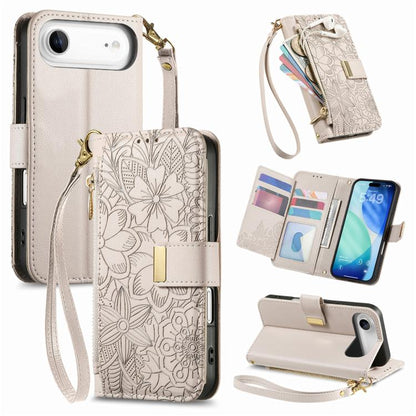 For iPhone Air Flowers Leaves Zipper Wallet Leather Phone Case with Strap(Khaki) - iPhone Air Cases by buy2fix | Online Shopping UK | buy2fix