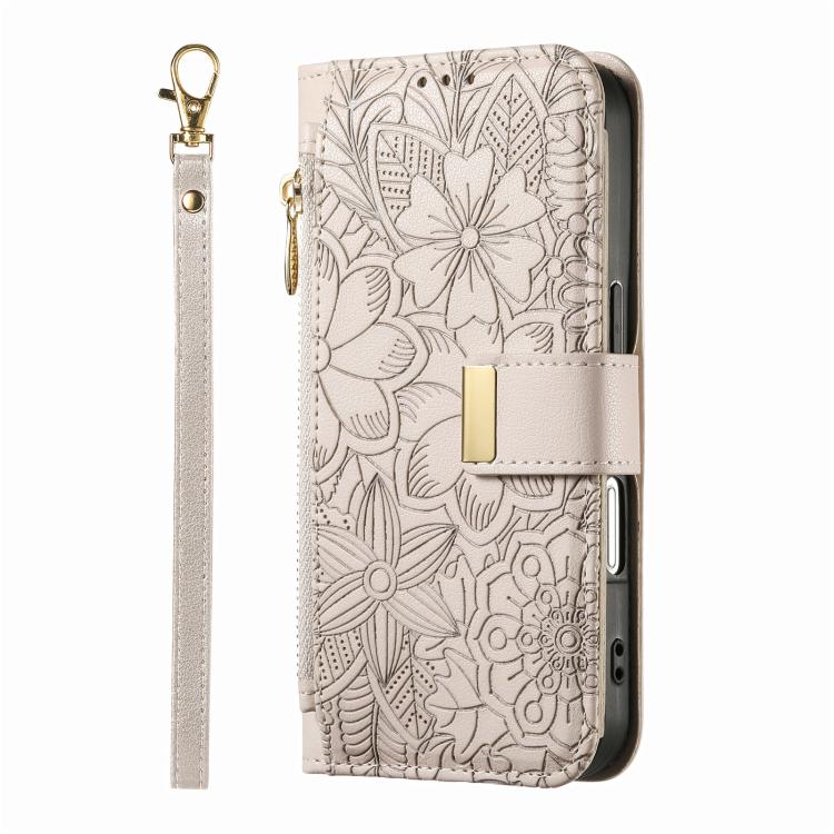 For iPhone Air Flowers Leaves Zipper Wallet Leather Phone Case with Strap(Khaki) - iPhone Air Cases by buy2fix | Online Shopping UK | buy2fix