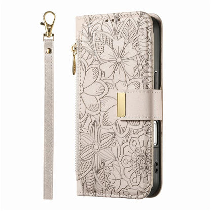 For iPhone Air Flowers Leaves Zipper Wallet Leather Phone Case with Strap(Khaki) - iPhone Air Cases by buy2fix | Online Shopping UK | buy2fix