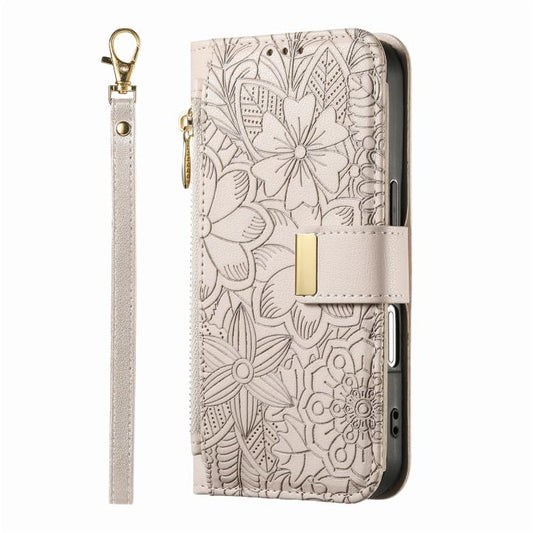 For iPhone Air Flowers Leaves Zipper Wallet Leather Phone Case with Strap(Khaki) - iPhone Air Cases by buy2fix | Online Shopping UK | buy2fix