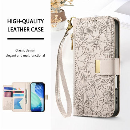 For iPhone Air Flowers Leaves Zipper Wallet Leather Phone Case with Strap(Khaki) - iPhone Air Cases by buy2fix | Online Shopping UK | buy2fix