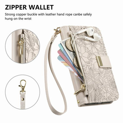 For iPhone Air Flowers Leaves Zipper Wallet Leather Phone Case with Strap(Khaki) - iPhone Air Cases by buy2fix | Online Shopping UK | buy2fix