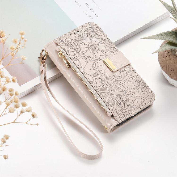 For iPhone Air Flowers Leaves Zipper Wallet Leather Phone Case with Strap(Khaki) - iPhone Air Cases by buy2fix | Online Shopping UK | buy2fix