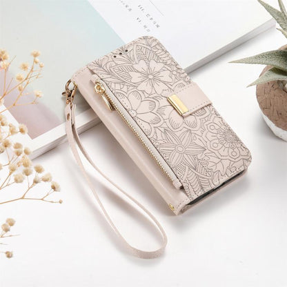 For iPhone Air Flowers Leaves Zipper Wallet Leather Phone Case with Strap(Khaki) - iPhone Air Cases by buy2fix | Online Shopping UK | buy2fix