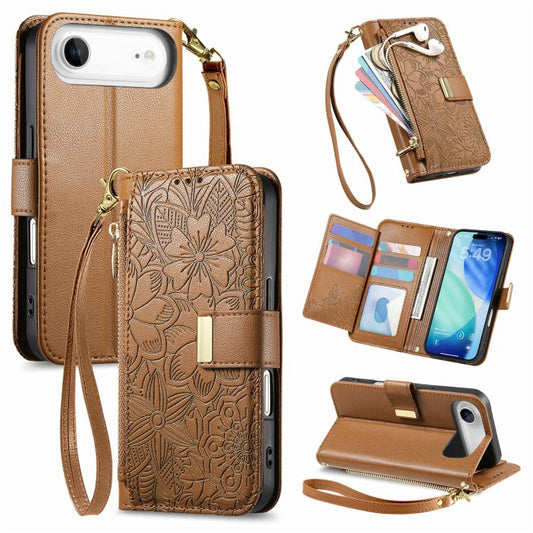 For iPhone Air Flowers Leaves Zipper Wallet Leather Phone Case with Strap(Brown) - iPhone Air Cases by buy2fix | Online Shopping UK | buy2fix
