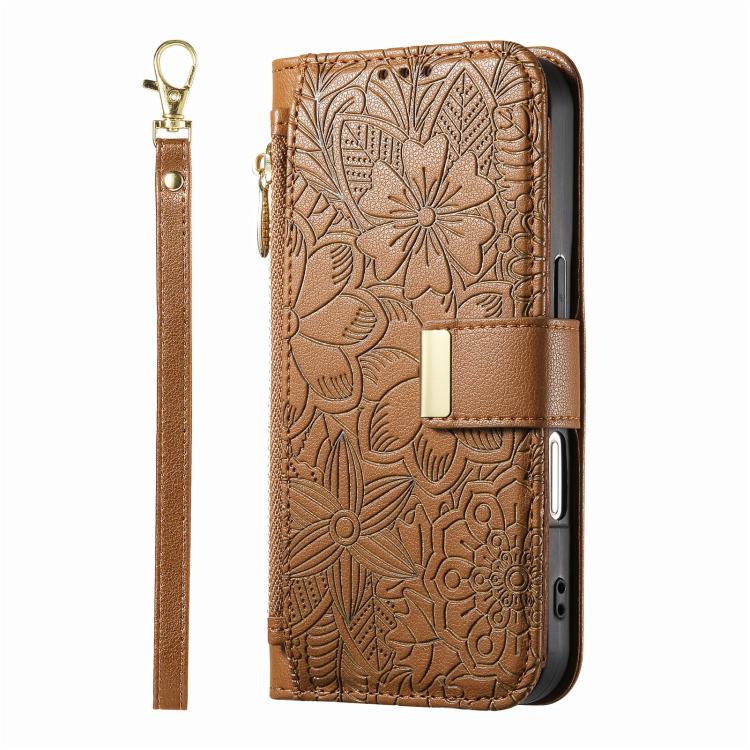 For iPhone Air Flowers Leaves Zipper Wallet Leather Phone Case with Strap(Brown) - iPhone Air Cases by buy2fix | Online Shopping UK | buy2fix